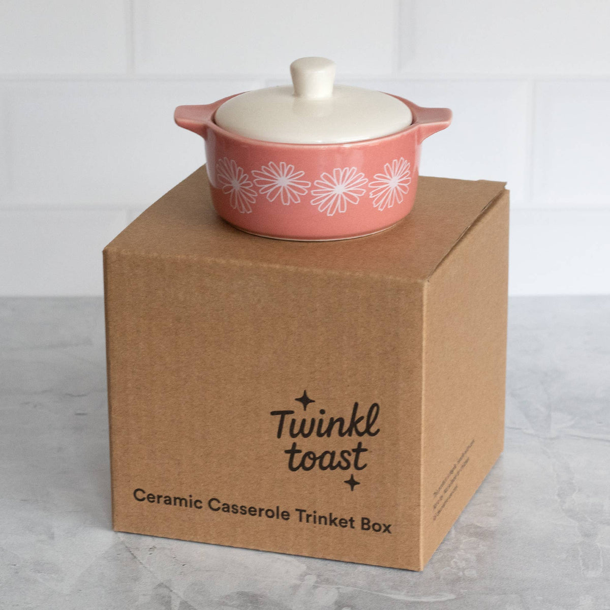 Pyrex-Inspired Pink Daisy Casserole Ceramic Trinket Box